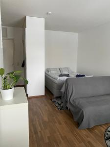 约恩苏Tilava yksiö Niinivaaralla的一间卧室设有一张床和白色的墙壁