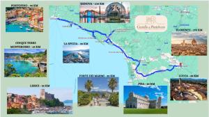 Licciana Nardi蒙迪果西奥城堡豪华度假酒店的地图上不同地方的照片拼贴