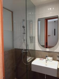 塞米亚克The Fields Hotel and Apartment的带淋浴、盥洗盆和镜子的浴室