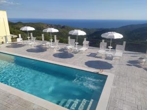 TortorellaTenuta Vallina - Golfo di Policastro的一个带白色椅子和遮阳伞的游泳池
