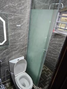 AgegeHEN - CAP SERVICED APARTMETS的一间带卫生间和玻璃门的浴室