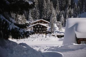 加尔盖伦阿尔卑斯山海姆斯皮兹酒店的一座被雪覆盖的房屋,有树木