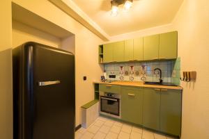 波茨坦Design Apartments - "Remise Blumberg"的厨房配有绿色橱柜和黑色冰箱