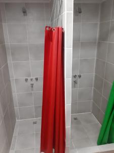 乌斯怀亚克鲁兹德尔苏尔旅馆的浴室内设有带红色淋浴帘的淋浴