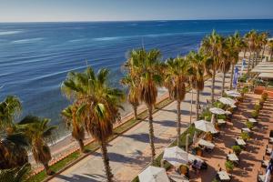 锡切斯锡切斯桑威海滩高尔夫及Spa酒店的享有棕榈树和遮阳伞海滩的空中景致