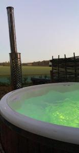 金斯林Woodpecker Cabin with Hot tub的以及绿色水浴缸。