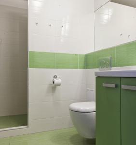 莫德拉瓦Aparthotel Mádr的一间带卫生间、水槽和镜子的浴室