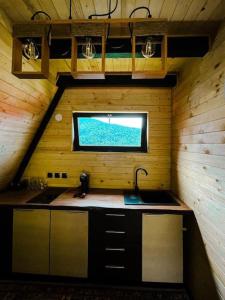 伯伊莱图什纳德Macko’s cabin的阁楼厨房设有水槽和窗户
