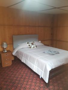 Cachorathe wooden house choquequirao的卧室配有白色的床和床头柜