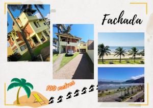 佩鲁伊比Hostel Recanto Peruíbe的海滩和棕榈树图片的拼贴