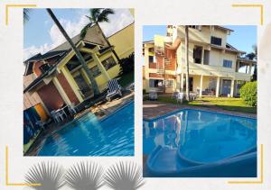佩鲁伊比Hostel Recanto Peruíbe的两幅房子和游泳池的照片