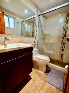 波哥大Hogar Emerawa - Corferias Bogota - Embajada Americana的浴室配有卫生间、盥洗盆和淋浴。