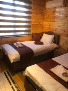 卡特佩SAPANCA FAMİLY RESORT的小木屋内带两张床的房间