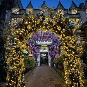 爱丁堡黑色常春藤酒店的装饰着圣诞装饰的商店前的拱门