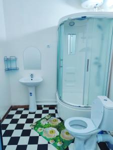 撒马尔罕World Guest House的带淋浴、卫生间和盥洗盆的浴室