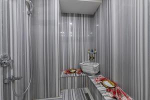 伊斯坦布尔阿拉敏塔克西姆酒店的带淋浴和卫生间的浴室。
