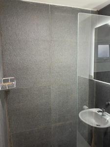 埃斯克尔Dormís Acá的一间带玻璃淋浴间和水槽的浴室