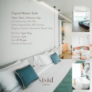 马比尼Sisid Anilao Resort的卧室的拼贴,卧室配有一张带蓝色枕头的床