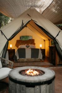 布兰森Cozy Unique Glamping on 53 acres - Bedrock Site的帐篷,配有一张带火炉的床