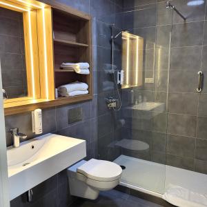 博莱斯瓦维茨Hotel Centrum的带淋浴、卫生间和盥洗盆的浴室