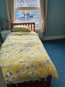 埃尔斯米尔港Grace Stays的一张带黄色棉被和窗户的床