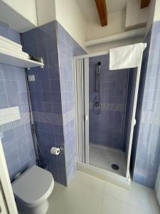 圣塞韦罗Palazzo di Fazio Suites的蓝色瓷砖浴室配有淋浴和卫生间。