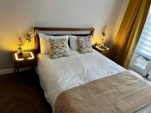 伦敦Gero's One Bedroom apartment London NW8的一间卧室配有带枕头的床和2个床头柜