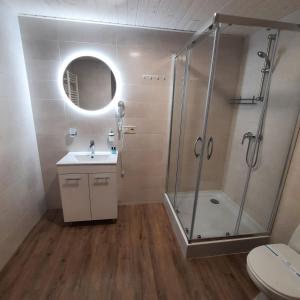 米库利钦Шале АНСО的带淋浴、盥洗盆和卫生间的浴室