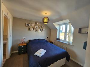 SacristonHolly Crescent, Sacriston DH7的一间卧室设有蓝色的床和窗户。