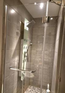 蓬塔穆松st Laurent cocon的浴室里设有玻璃门淋浴