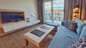 米兹多洛杰HOLIDAY HOME Bel Mare 308c的客厅配有蓝色的沙发和大电视。