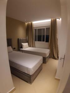 丹吉尔Appart happiness family only的酒店客房设有两张床和窗户。