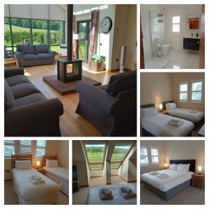 巴洛赫Auchendennan Farm Self Catering Cottages的客厅四张照片的拼合物