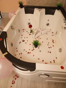 亚喀巴alnaher alkhaled boutiqu的地板上装满花瓣的浴缸