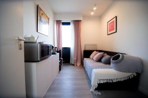 安特卫普Privé kamer met chill room en gedeelde badkamer - rand Antwerpen - afrit E313 Wommelgem - vlakbij tramhalte lijn 9 en 24的带沙发和电视的客厅