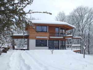 加普Maison Cozy de Gap的树林里的雪地里的木屋