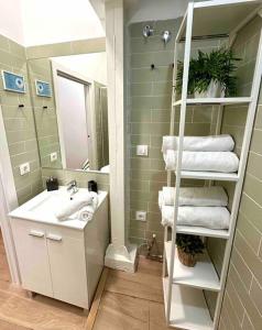 马德里centro Madrid / chueca (1)的浴室配有盥洗盆、镜子和毛巾