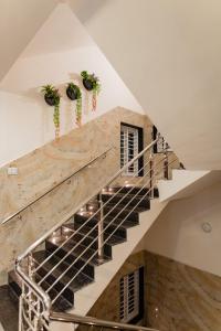 VirpurHOTEL AYODHYA的一座种植盆栽植物的建筑中的楼梯