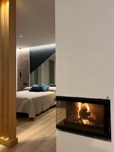 加的斯Loft luxury Mirador的带壁炉的客厅和卧室