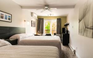 泰道沙克Hôtel Motel Le Beluga的酒店客房设有两张床和窗户。