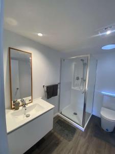 布伦海姆Awa Tui Batch的带淋浴和盥洗盆的白色浴室