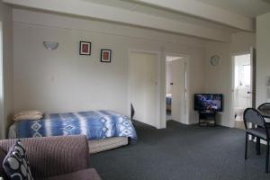 霍基蒂卡252海滨汽车旅馆及假日公园的一间卧室配有一张床和一台平面电视