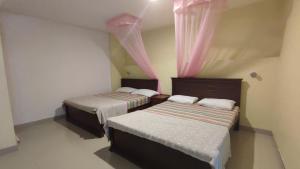 纳拉坦尼亚Blue Sky的小房间设有两张床,配有粉红色窗帘