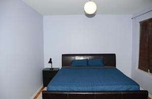 芝加哥Lovely home near Chicago hospitals, White Sox Park, and McCormick Place的一间卧室配有一张带蓝色床罩的床