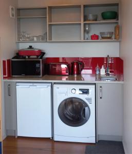 罗托鲁瓦Addictive View - Lakeside Studio的厨房配有洗衣机和微波炉。