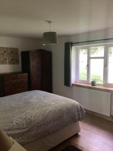 奥斯威斯3 Bedroom Bungalow in Llanrhaeadr Ym的一间卧室设有一张床和两个窗户。