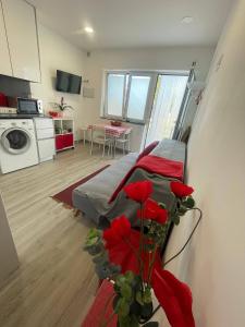 RosalLOFT AS CASETAS PEREGRINOS的一间设有床铺的客房和一间红色鲜花的厨房