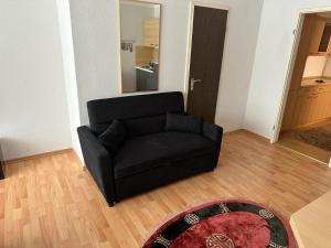 圣恩吉玛Wohnung in Sankt Englmar Nr 512的客厅里一张黑色沙发,铺着地毯