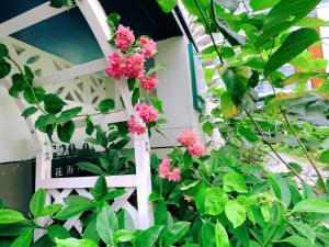 惠东摩洛哥绿屋森林的花园里的白色梯子,花粉色