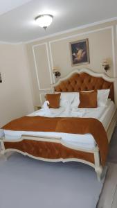 锡比乌Cochet House Sibiu的一间卧室配有一张大床和大床头板
